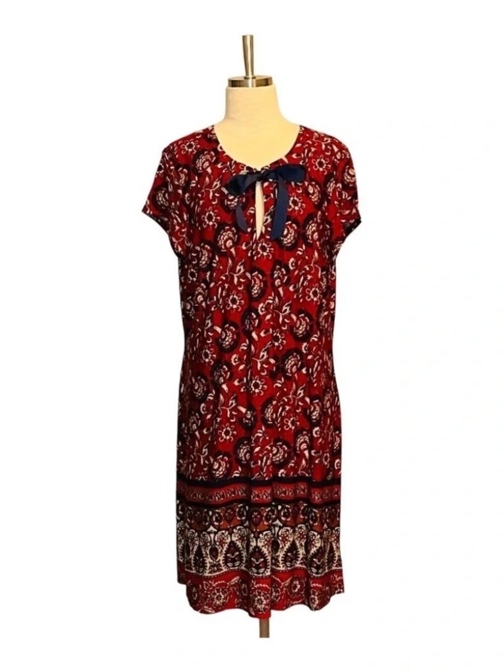MADISON LEIGH BURGUNDY NAVY FLORAL MIDI DRESS KEYHOLE BOW NECKLINE